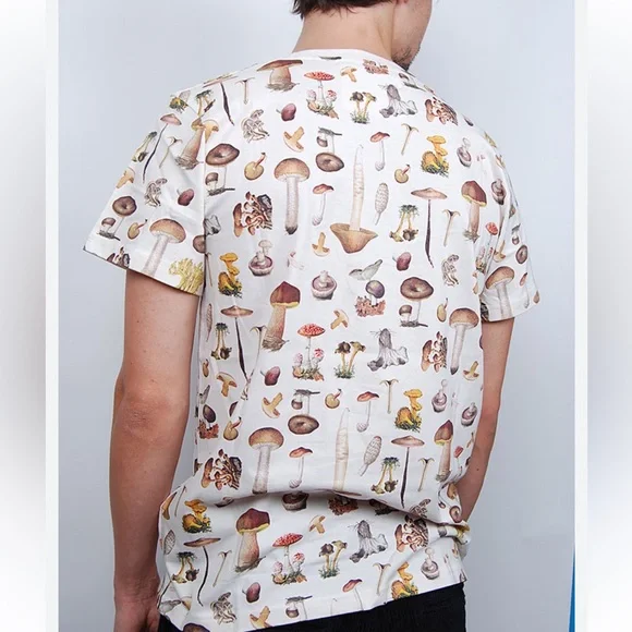 MUSHROOM PRINT SHORT SLEEVE BUTTON-UP SHIRT, OFF-WHITE m - Picture 2 of 4